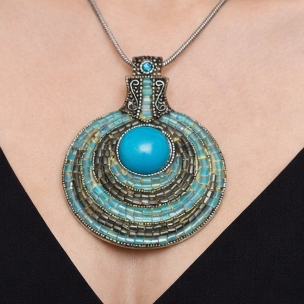 Pendant Necklace‎ Best Signed Turquoise Mosaic Statement Silver Tone 24 Inch